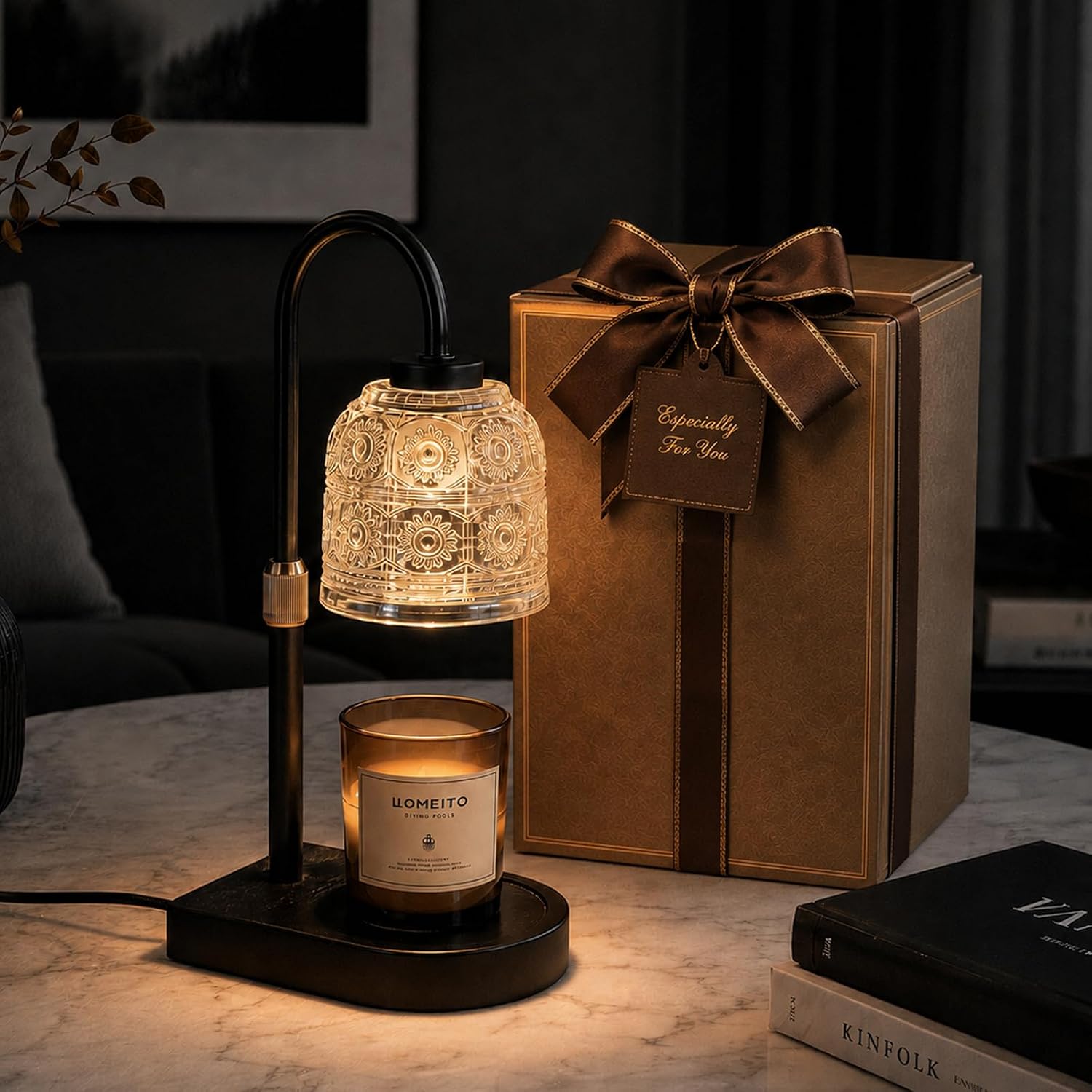 Adewalk Black Crystal-Cut Candle Warmer Lamp, black candle warmer lamp with a crystal-style faceted shade