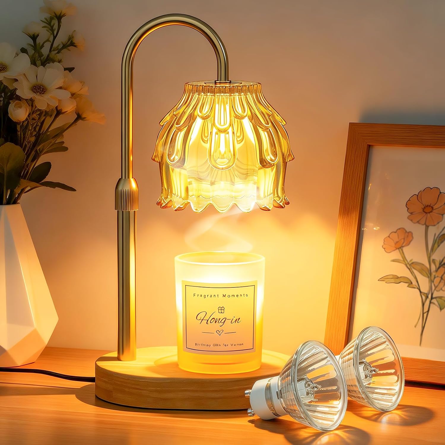 FlyQintess Gold Flower Candle Warmer Lamp, gold candle warmer lamp with a flower-shaped glass shade