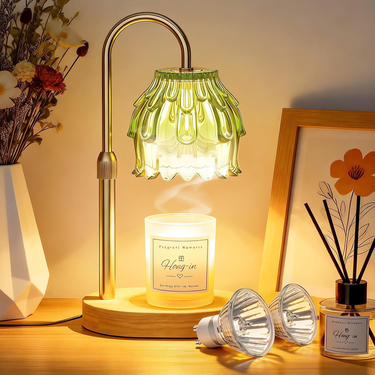 FunGeneTEC Green Flower Candle Warmer Lamp, green candle warmer lamp with a flower-shaped glass shade