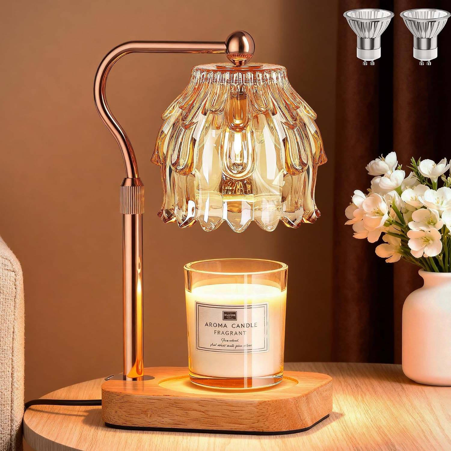 Rottogoon Amber Flower Candle Warmer Lamp, amber candle warmer lamp with a flower-shaped glass shade