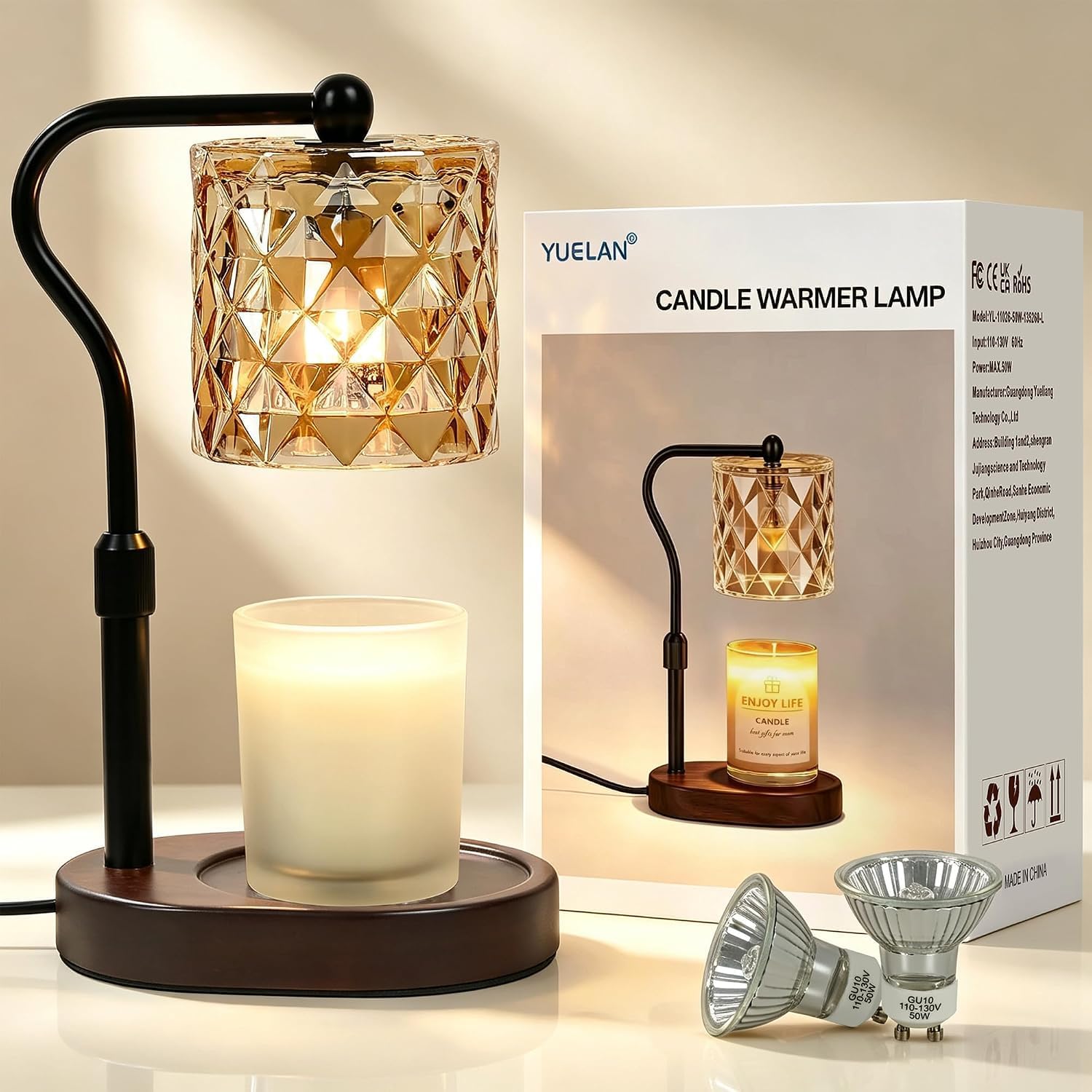 TEMZICK Walnut Crystal-Cut Candle Warmer Lamp, walnut candle warmer lamp with a faceted crystal-cut shade
