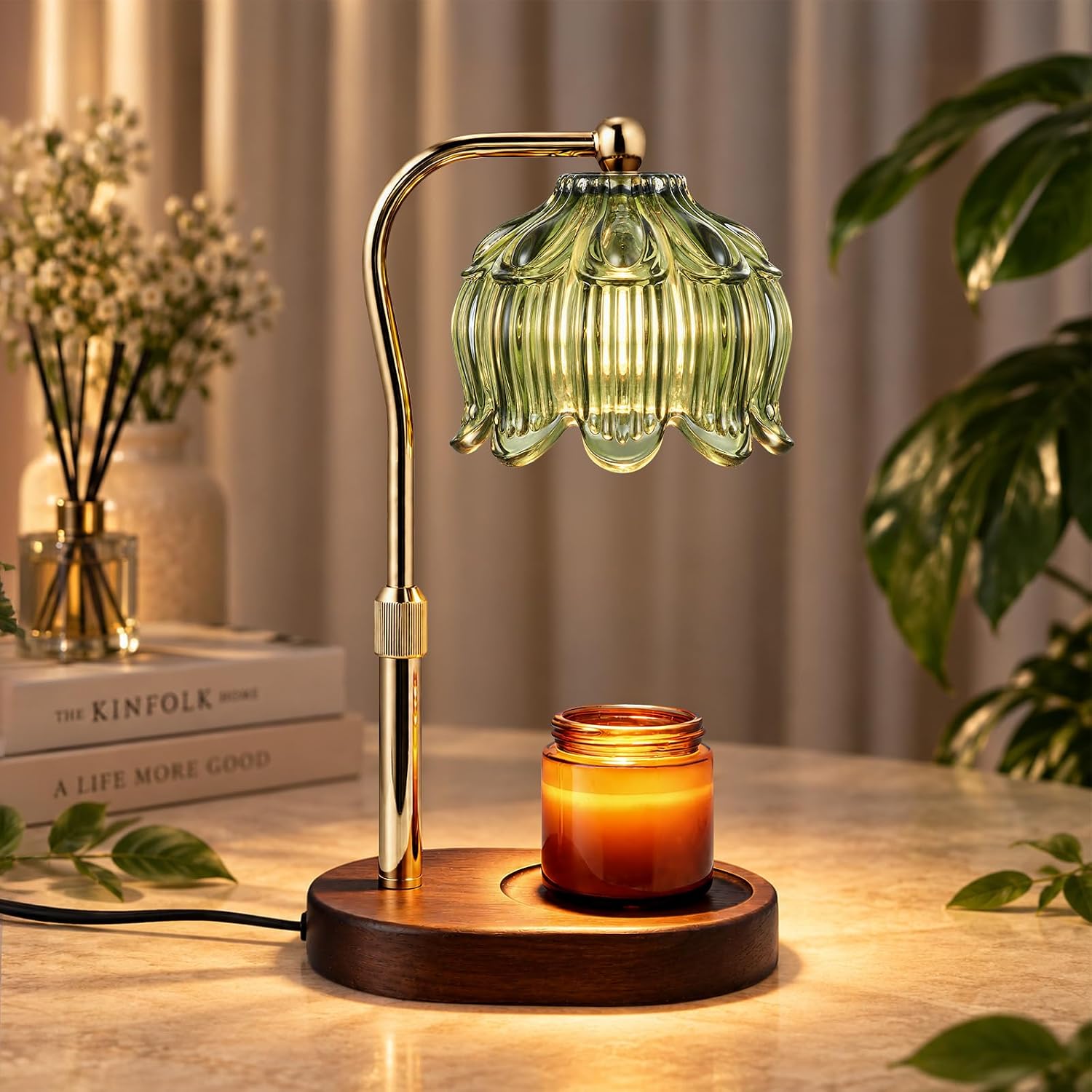 Tuocal Green Flower Candle Warmer Lamp, green candle warmer lamp with a flower-shaped glass shade