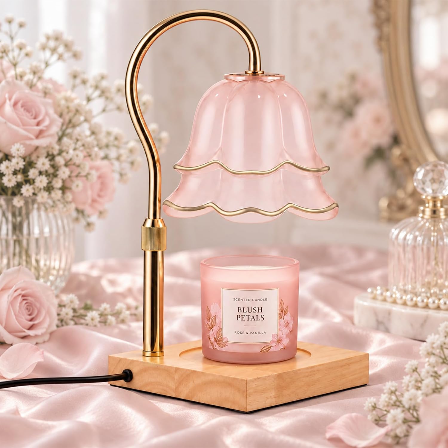 Tuocal Pink Flower Candle Warmer Lamp, pink candle warmer lamp with a bloom-shaped glass shade