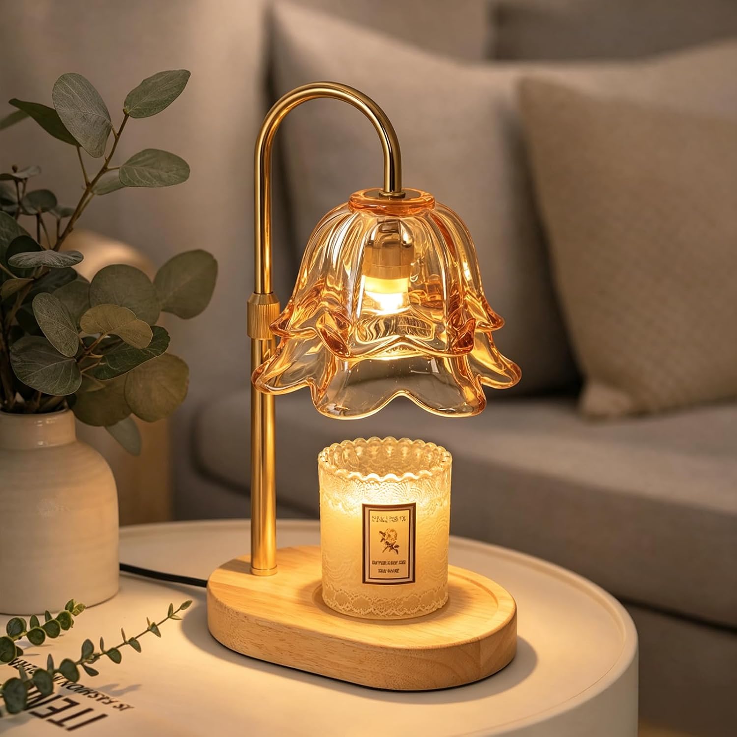 Tuocal Red Flower Candle Warmer Lamp, red candle warmer lamp with a flower-shaped glass shade